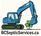 Logo of a blue excavator with a clover, representing BC Septic Services.