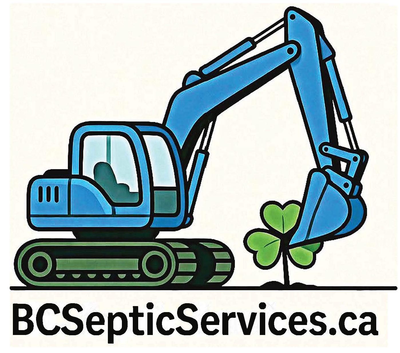 Logo of a blue excavator with a clover, representing BC Septic Services.