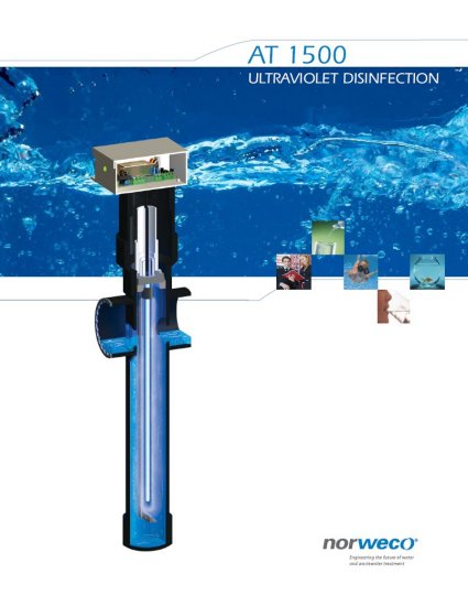 Ultraviolet disinfection device with 'AT 1500' and 'Norwesco' branding on a blue water background.