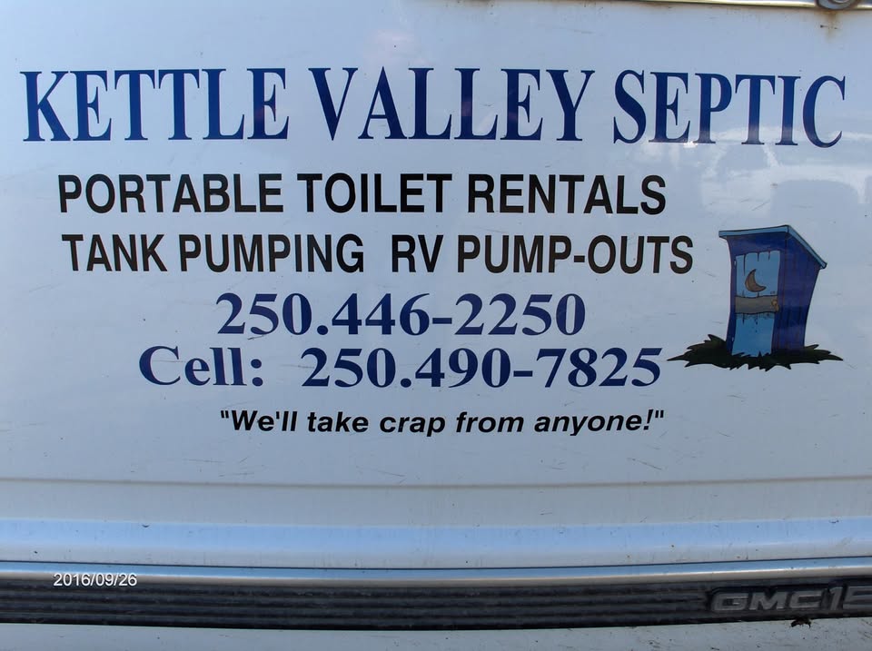Kettle Valley Septic with contact information and a portable toilet graphic on a white background.